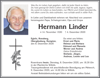 Traueranzeige von Hermann Linder von Allgäuer Zeitung, Marktoberdorf