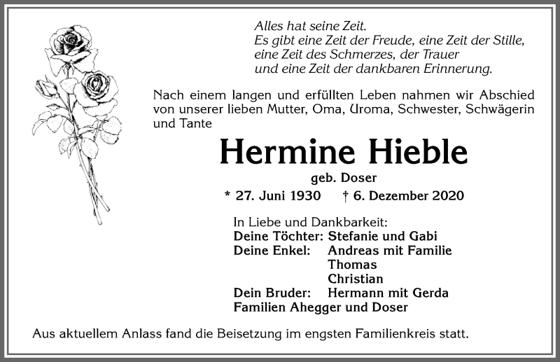  Traueranzeige für Hermine Hieble vom 24.12.2020 aus Allgäuer Zeitung,Kempten