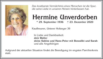 Traueranzeige von Hermine Unverdorben von Allgäuer Zeitung, Kaufbeuren/Buchloe