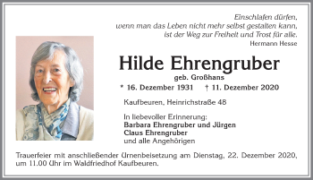 Traueranzeige von Hilde Ehrengruber von Allgäuer Zeitung, Kaufbeuren/Buchloe