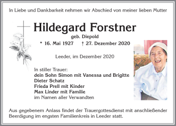 Traueranzeige von Hildegard Forstner von Allgäuer Zeitung, Kaufbeuren/Buchloe