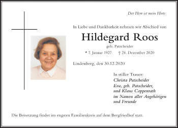 Traueranzeige von Hildegard Roos von Der Westallgäuer