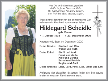 Traueranzeige von Hildegard Scheidle von Allgäuer Anzeigeblatt