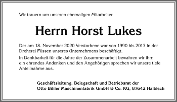 Traueranzeige von Horst Lukes von Allgäuer Zeitung, Füssen