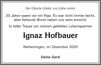 Traueranzeige von Ignaz Hofbauer von Allgäuer Anzeigeblatt