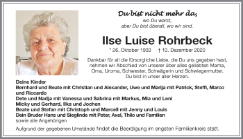 Traueranzeige von Ilse Luise Rohrbeck von Memminger Zeitung