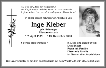 Traueranzeige von Inge Kleber von Allgäuer Anzeigeblatt