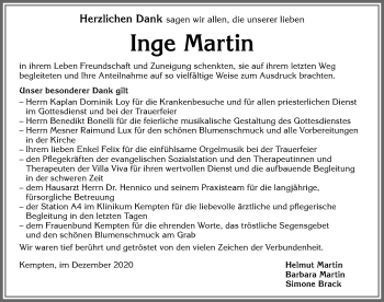 Traueranzeige von Inge Martin von Allgäuer Zeitung,Kempten