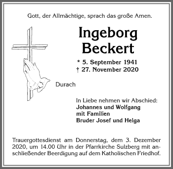 Traueranzeige von Ingeborg Beckert von Allgäuer Zeitung,Kempten