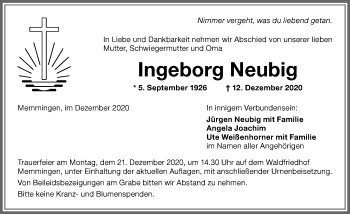 Traueranzeige von Ingeborg Neubig von Memminger Zeitung