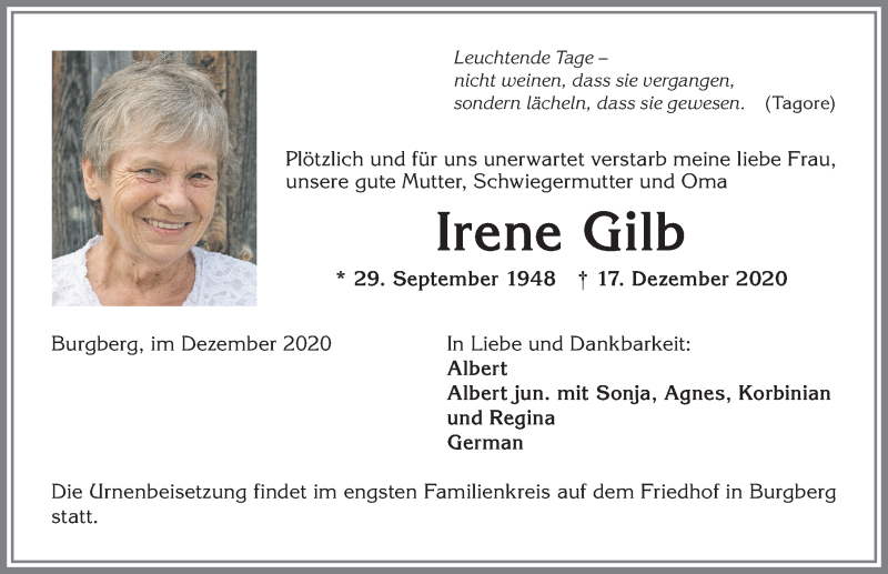  Traueranzeige für Irene Gilb vom 21.12.2020 aus Allgäuer Anzeigeblatt