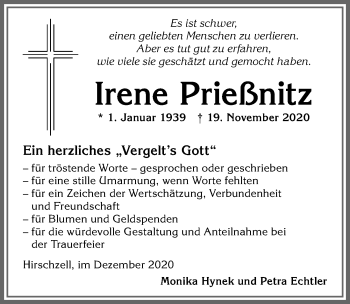 Traueranzeige von Irene Prießnitz von Allgäuer Zeitung, Kaufbeuren/Buchloe