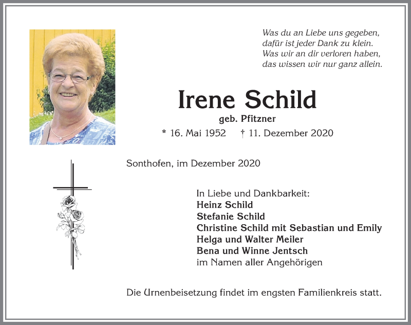  Traueranzeige für Irene Schild vom 18.12.2020 aus Allgäuer Anzeigeblatt
