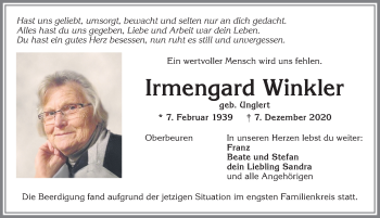Traueranzeige von Irmengard Winkler von Allgäuer Zeitung, Kaufbeuren/Buchloe