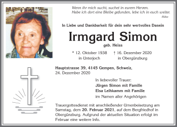 Traueranzeige von Irmgard Simon von Allgäuer Zeitung, Marktoberdorf