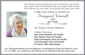 Traueranzeige von Irmgard Triendl von Allgäuer Zeitung, Füssen