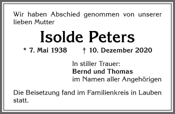 Traueranzeige von Isolde Peters von Allgäuer Zeitung,Kempten
