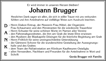 Traueranzeige von Johann Brugger von Allgäuer Zeitung, Kaufbeuren/Buchloe