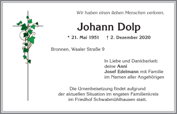 Traueranzeige von Johann Dolp von Allgäuer Zeitung, Kaufbeuren/Buchloe