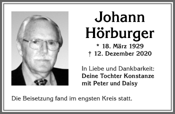 Traueranzeige von Johann Hörburger von Allgäuer Zeitung,Kempten
