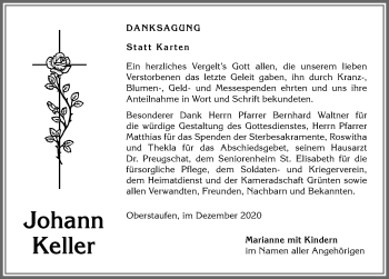 Traueranzeige von Johann Keller von Allgäuer Anzeigeblatt