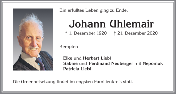 Traueranzeige von Johann Uhlemair von Allgäuer Zeitung,Kempten