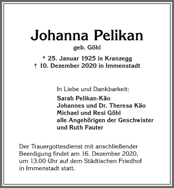 Traueranzeige von Johanna Pelikan von Allgäuer Anzeigeblatt