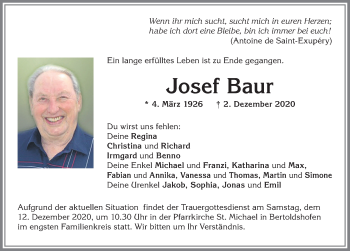 Traueranzeige von Josef Baur von Allgäuer Zeitung, Marktoberdorf