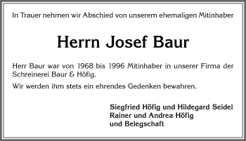 Traueranzeige von Josef Baur von Allgäuer Zeitung, Marktoberdorf