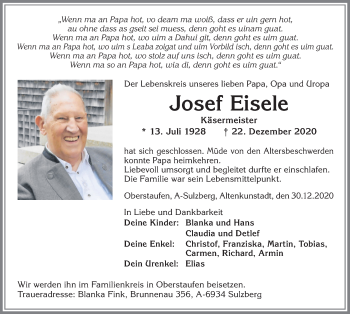 Traueranzeige von Josef Eisele von Allgäuer Zeitung