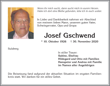 Traueranzeige von Josef Gschwend von Allgäuer Zeitung,Kempten