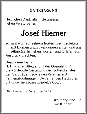 Traueranzeige von Josef Hiemer von Allgäuer Anzeigeblatt
