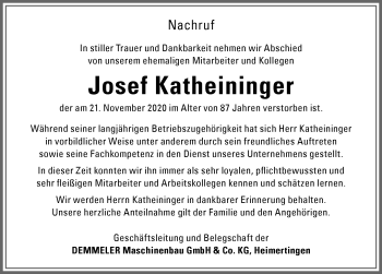 Traueranzeige von Josef Katheininger von Memminger Zeitung