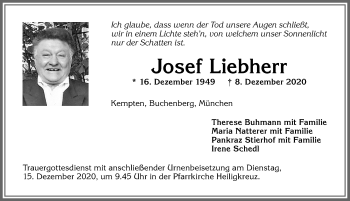 Traueranzeige von Josef Liebherr von Allgäuer Zeitung,Kempten