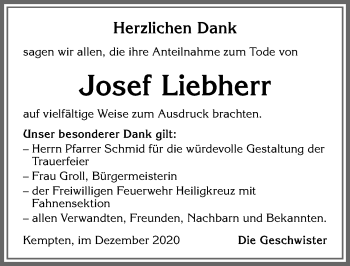 Traueranzeige von Josef Liebherr von Allgäuer Zeitung,Kempten