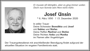 Traueranzeige von Josef Unsin von Allgäuer Zeitung, Marktoberdorf