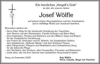 Traueranzeige von Josef Wölfle von Allgäuer Zeitung
