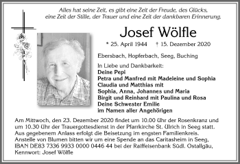 Traueranzeige von Josef Wölfle von Allgäuer Zeitung