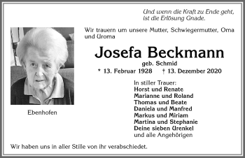 Traueranzeige von Josefa Beckmann von Allgäuer Zeitung, Marktoberdorf