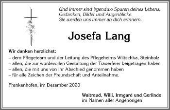 Traueranzeige von Josefa Lang von Allgäuer Zeitung, Kaufbeuren/Buchloe