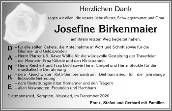 Traueranzeige von Josefine Birkenmaier von Allgäuer Zeitung,Kempten