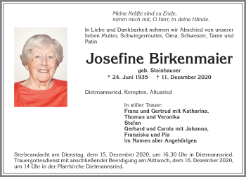 Traueranzeige von Josefine Birkenmaier von Allgäuer Zeitung,Kempten