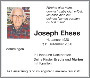 Traueranzeige von Joseph Ehses von Memminger Zeitung