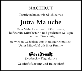 Traueranzeige von Jutta Maluche von Der Westallgäuer