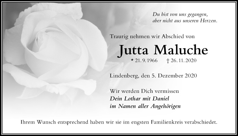  Traueranzeige für Jutta Maluche vom 05.12.2020 aus Der Westallgäuer
