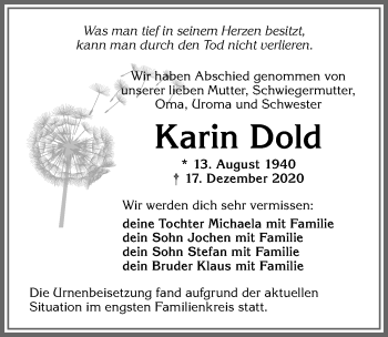 Traueranzeige von Karin Dold von Allgäuer Zeitung,Kempten