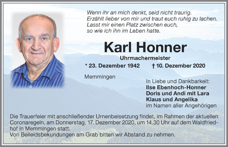  Traueranzeige für Karl Honner vom 15.12.2020 aus Memminger Zeitung