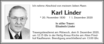 Traueranzeige von Karl Linder von Allgäuer Zeitung, Kaufbeuren/Buchloe