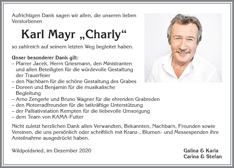 Traueranzeige für Karl Mayr vom 12.12.2020 aus Allgäuer Zeitung,Kempten
