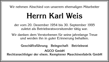 Traueranzeige von Karl Weis von Allgäuer Zeitung,Kempten